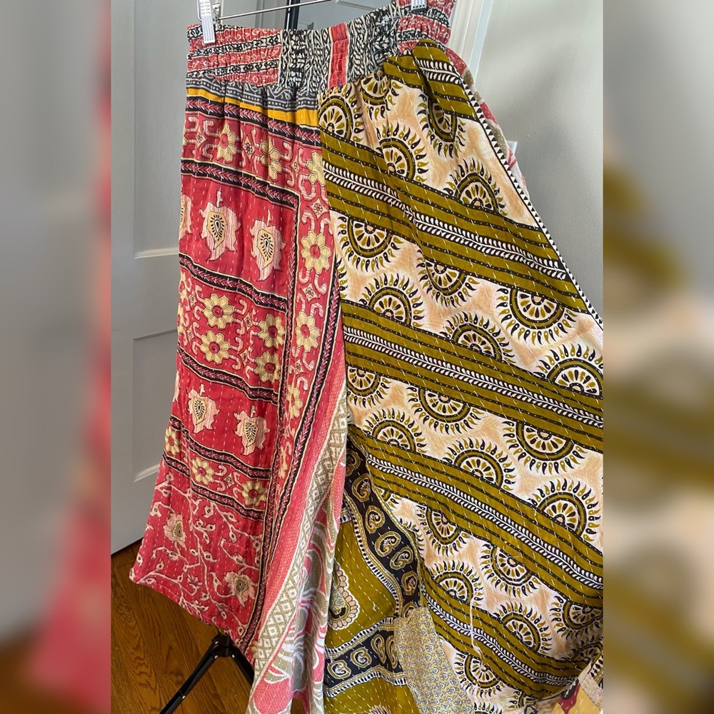 🌺 Kantha Wide-Leg Patchwork Pants | Handmade Cotton Sari | Boho Hippie Lounge OS - Picture 5 of 7